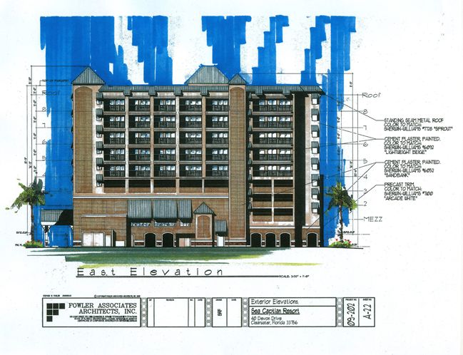 A rendering shows a nine-story replacement for the two-story Sea Captain Resort at 40 Devon Drive in Clearwater Beach. Courtesy Fowler Associates Architects
